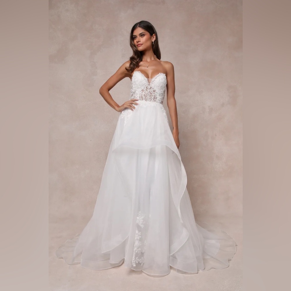Mine, All Mine White Embroidered Organza Strapless A-Line Gown - Picture 2 of 5
